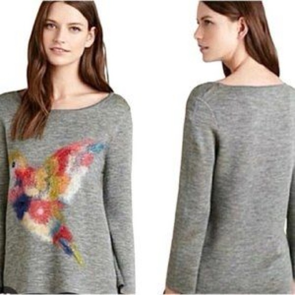 Anthropologie STARLA M. HALFMAN Multi-Color Wool Blend Fuzzy Bird Sweater